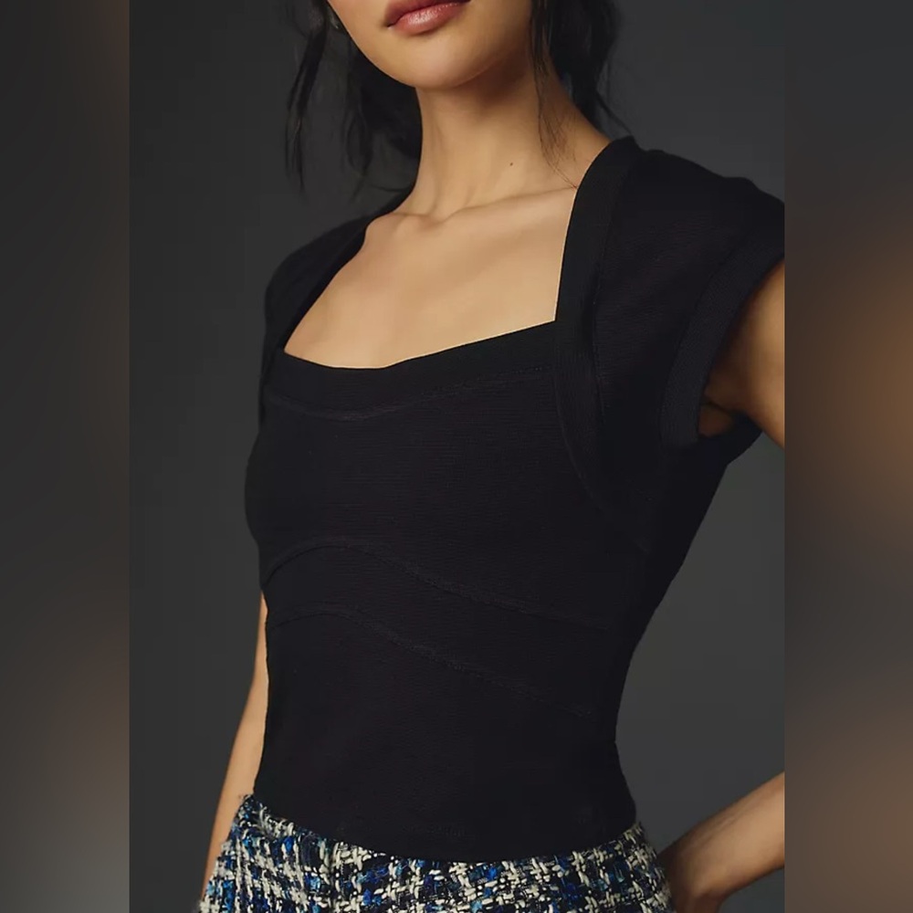 Maeve by Anthropologie Black Cap Sleeve Cropped Top Size Large NWT